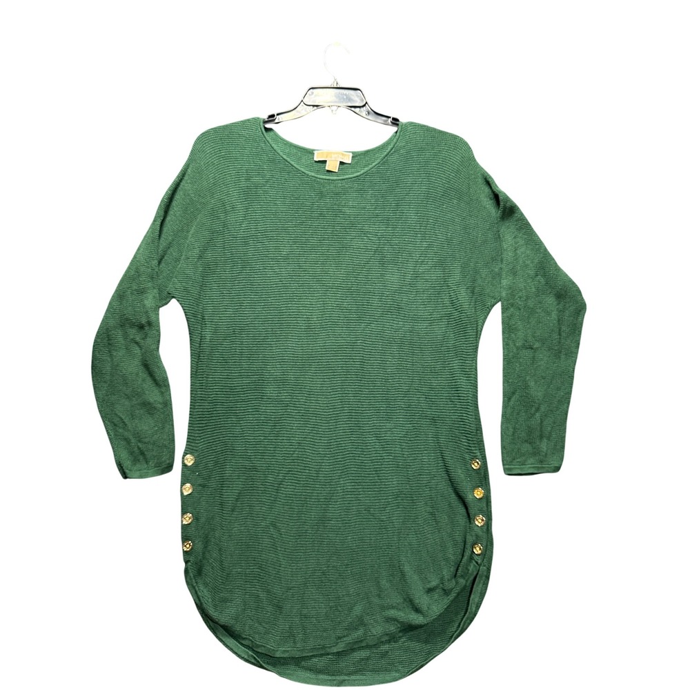 Michael Michael Kors Tunic Sweater Women Large Green Gold Button Ribbed Knit